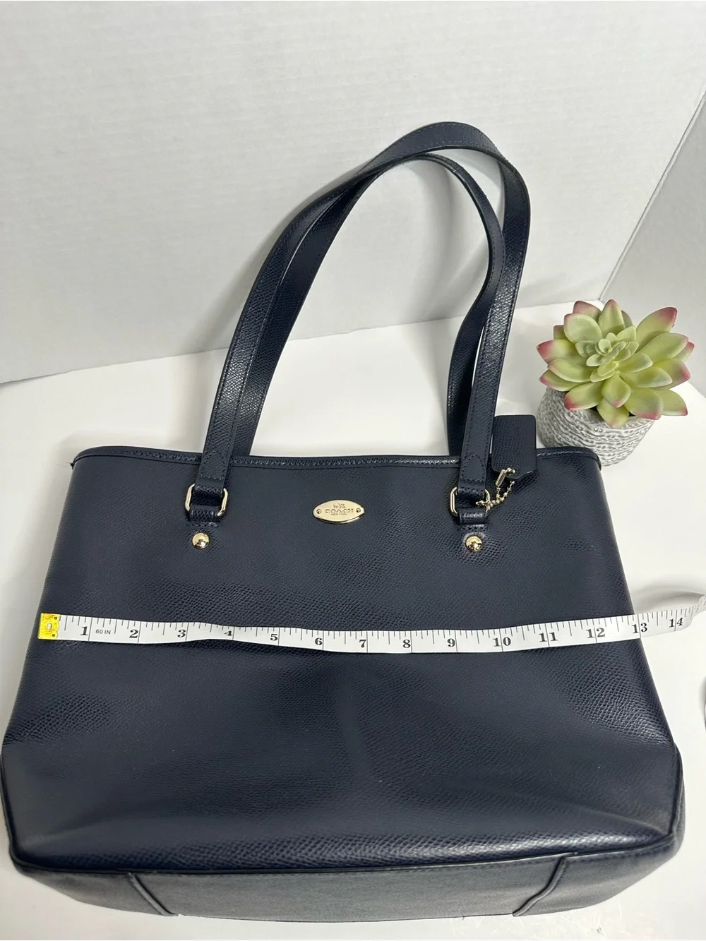 Coach Navy Pebbled Leather Tote with Tag and Gold Accent